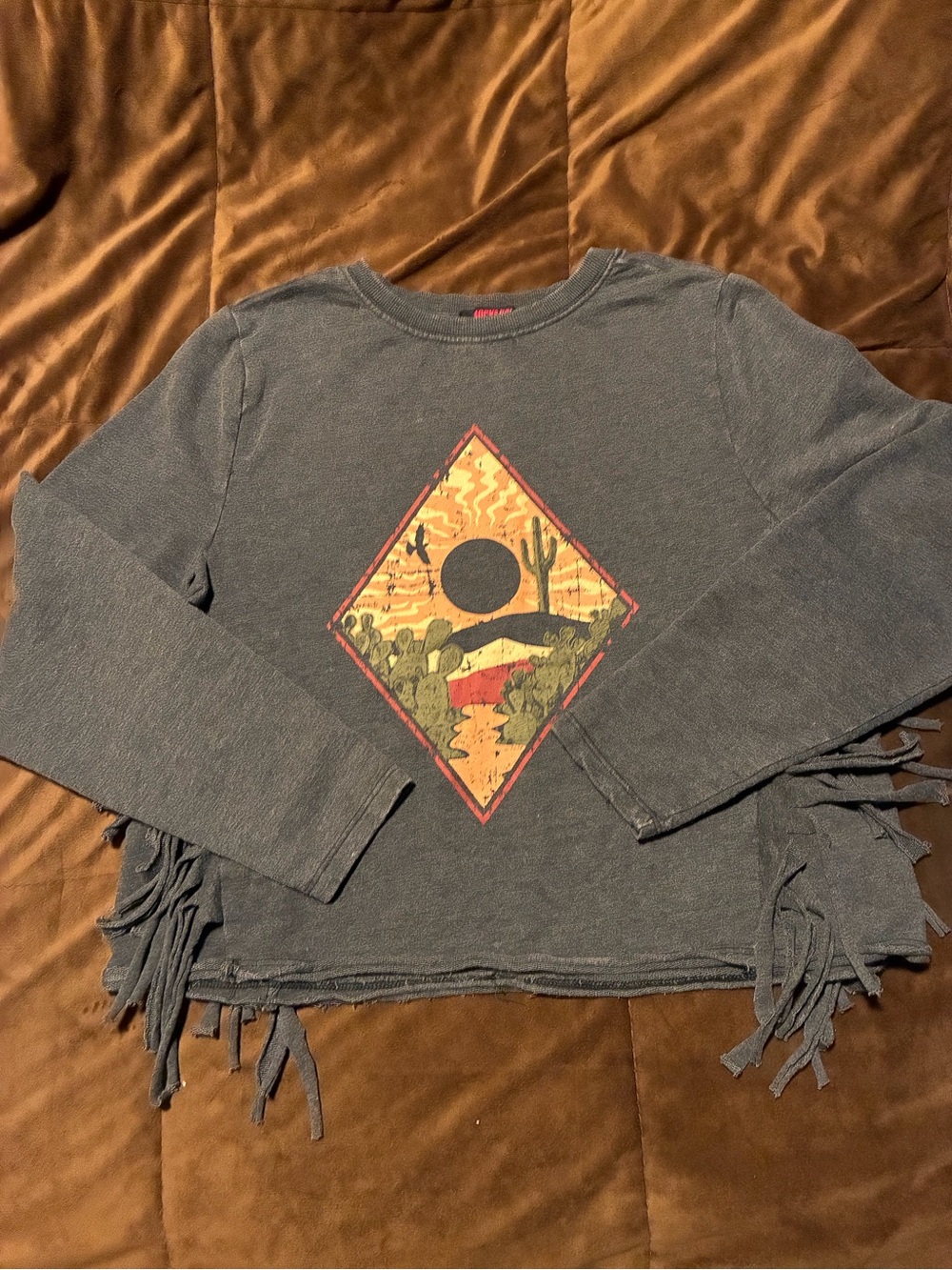 Rock & Roll Denim brand, size small, comfy top with fringe and desert print